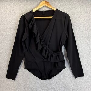 J.Crew Womens Ruffle Bodysuit Long Sleeve Wrap Front Black Top V-Neck Size Large